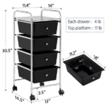 4 Drawers Metal Frame Storage Cart Rolling Bin Trolley, Black - Image 3