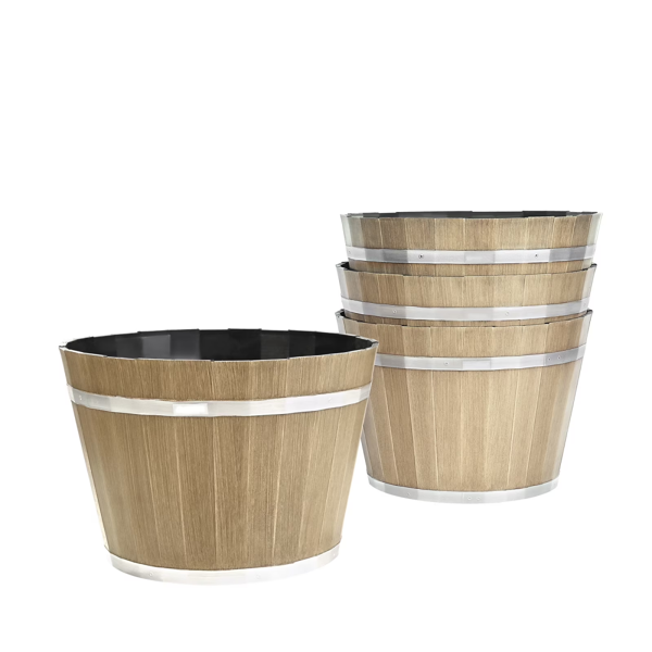 Set of 4 Large 11.81-inch Whiskey Barrel-Style Planters with Drainage Holes, Durable Plastic Flower Pots for Indoor and Outdoor Use, Rustic Brown Design for Gardens, Homes, and Plants