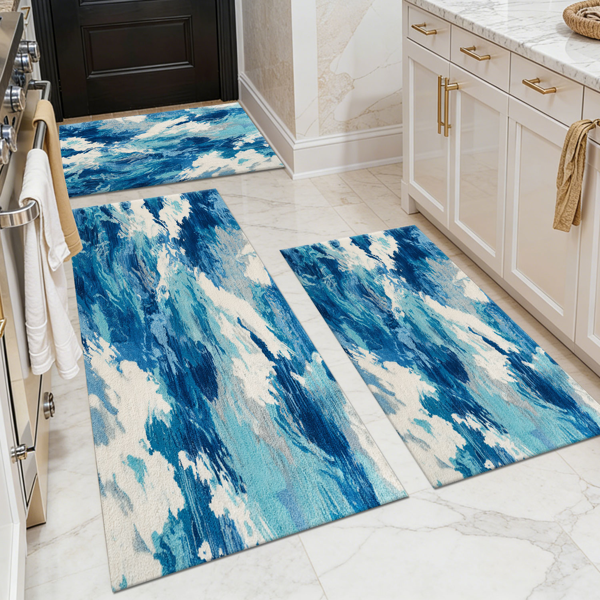 59f6a0c2-f4e9-43d8-ae7d-e925e4101ed4.png Three-piece kitchen rug set, non-slip and washable, abstract pattern kitchen hallway rug, soft and comfortable, suitable for sinks, floors, entrances, hallways and bathrooms. - Image 1