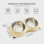 Anti slip base double cat food bowl, yellow stainless steel food and water bowl, easy to clean and detachable design, cat and dog pet feeder