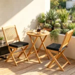 3 Pieces Foldable Acacia Wood Patio Bistro Set, Outdoor Round Table & 2 Ergonomic Chairs with Removable Black Cushions for Balcony Backyard - Image 4