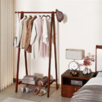 Solid Rubber Wood Folding Coat Rack, A-Frame Standing Clothes Rack with Bottom Storage Shelf - Image 9