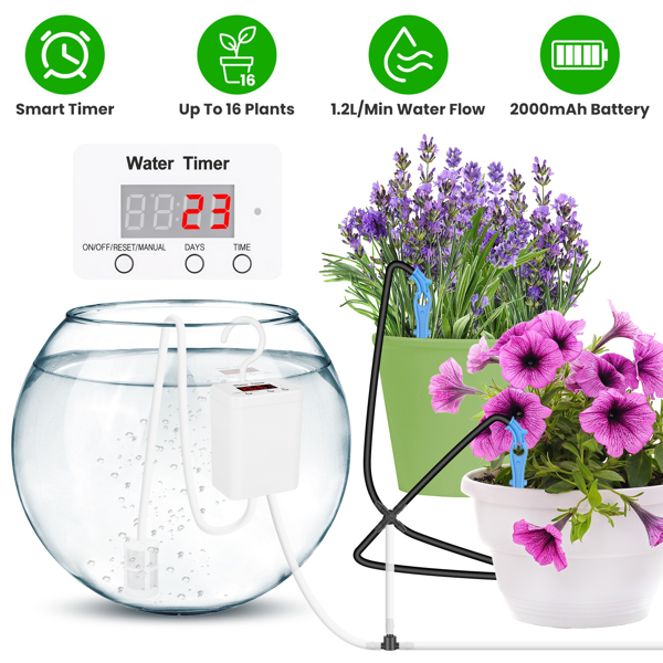 5a5d492b-d867-46c5-8fa8-ae666be6d94a.png Smart Auto Plant Watering Device Low Noise 4W Efficient Drip Irrigation Kit with Low Water & Low Battery Alarm, 16 Drip Arrows for Indoor Balcony Greenhouse - Image 1