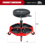 Red Heavy-Duty Adjustable Height Rolling Stool With Tool Tray Storage 330 LBS Capacity - Image 3