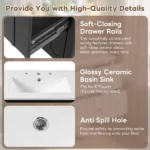 30" Modern Floating Bathroom Vanity with Oval Knobs & Round Edge, Soft-Close Drawer Slides, Bathroom Cabinet with Ceramic Sink - Image 3