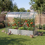 3-in-1 Raised Garden Bed with Greenhouse Cover 130 Gal Galvanized Metal Planter Box - Silver - Image 9