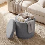 7.7 Gallon Round Storage Ottoman Foot Rest with Acacia Wood Frame, 400LBS Load Capacity Footstool- Gray - Image 3