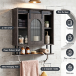 Farmhouse Industrial Wall Mounted Bathroom Cabinet with Sliding Fluted Door, 3‑Tier Storage Organizer with Towel Hooks, for Bathroom Kitchen Laundry Room - Image 7