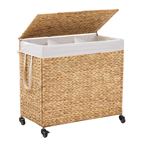 160L 3-Section Laundry Hamper with Lid and Wheels, Woven Natural Water Hyacinth Rolling Laundry Hamper