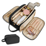 Large Capacity Cosmetic Organizer ,Travel Makeup Bag Organizer, Large Capacity Toiletry Bags for Traveling, Flat Open Waterproof PU Leather Cosmetic Bag with Compartments and Handles