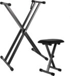 Dual-tube X-Shape Keyboard Stand + Adjustable Folding Piano Bench Stool Seat Black