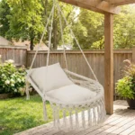 Beige Boho Macrame Hanging Swing Chair with 2 Padded Cushions, 330LBS Capacity Hammock Chair for Indoor Outdoor Bedroom Patio Balcony - Image 3