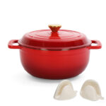 Cast iron 5QT cooking pot - Gradient red - Includes two silicone gloves - Enamel pot - Image 6