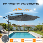 10FT Round Banana Hanging Patio Umbrella with 18 LED Lights, 6 Iron Ribs, Iron Straight & Curved Pole, Waterproof Polyester Canopy, with Stand Sleeve and Cross Base, Gray - Image 18