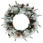 2 Pack 18in Pre-lit Snow Flocked Christmas Wreath, Lighted Artificial Xmas Wreath with 60 Warm Lights and 140 Tips and Red Berries Pine Cones, for Front Door Gate Wall Xmas Party Decorations - Image 10