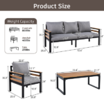 GO 4-Piece Outdoor Furniture Sofa Set for 5 People with Acacia Wood Armrests, Patio Conversation Set with Removable Cushion and Solid Wood Coffee Table for Garden, Grey - Image 4