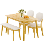 1 Table 2 Chairs 1 Bench Dining Set, Rubber Wood Frame with Beige Upholstered Seats, Natural Wood Finish Rectangular Kitchen Dining Furniture