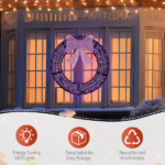 36in Pre-lit Outdoor Christmas Wreath Decoration, Lighted Metal Wreath with Purple Bow, Remote Control LED Lights with Timer, for Front Door Gate Wall Indoor Outdoor Holiday Party - Image 7