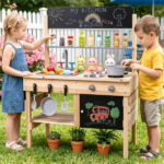 Natural Fir Wood Kids Outdoor Mud Kitchen Playset with Stainless Steel Sink & Stoves, Pretend Play Cooking Toy with Storage Hooks for Toddlers 3+ - Image 6