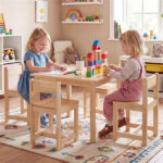 Kids Wooden Table and Chairs Set (1 Table + 4 Chairs), Rubber Wood Toddler Activity Set (Natural - Image 11