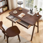 100% Solid Rubber Wood Computer Desk, Retro Walnut Writing Desk with Drawer, Sturdy A-Frame Leg, 39.37"×21.65", 0.71" Standard Thick Home Office Study Table - Image 13
