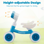 4 Wheel Kids Balance Bike with Light Up Wheels, 3 Level Adjustable Height Toddler Push Bike , No Pedal Gliding Bike with Safety Steering Limit - Blue - Image 4