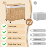 160L 3-Section Laundry Hamper with Lid and Wheels, Woven Natural Water Hyacinth Rolling Laundry Hamper - Image 2