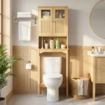 2-Door 3-Tier Toilet Cabinet Particleboard Melamine-Faced Bathroom Vanity Bathroom Cabinet with Rattan Surface 23.62*8.66*66.93in Natural Wood - Image 18