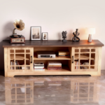 57.87 Inch TV Stand with Deep Brown Top & Natural Wood Cabinet - Double Glass Door Media Console, Laminate Particle Board Entertainment Center for TVs Up to 65 Inches - Image 8