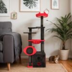 53" Large Cat Tree, Gothic Cat Tower with Padded Perch, Spacious Condo, Comfy Hammock, Scratching Post, Hanging Toy for Indoor Cats, Red & Black - Image 8