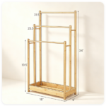  Solid Bamboo Freestanding Towel Rack with 3 Staggered Hanging Bars & Slatted Bottom Storage Shelf, Waterproof Bathroom Towel Drying Holder with Side Stabilizer Bars Rounded Edges Natural Wood Finish - Image 6