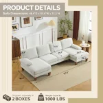 U-Shaped Convertible Sectional Sofa with 2 Chaise Lounges, 4-Seater Modular Couch with Removable & Washable Chenille Covers, 111.4" L x 48.4" D x 33.1" H L-Shaped Couches for Living Room Apartment, Wood Grain Legs, Off White - Image 9