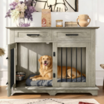 44.48" Large Dog Crate Furniture, Indoor Wooden Dog Kennel End Table with 2 Storage Drawers and Rotating Bowls, Decorative Pet Cage Dog House for Medium Dogs, Gray - Image 10