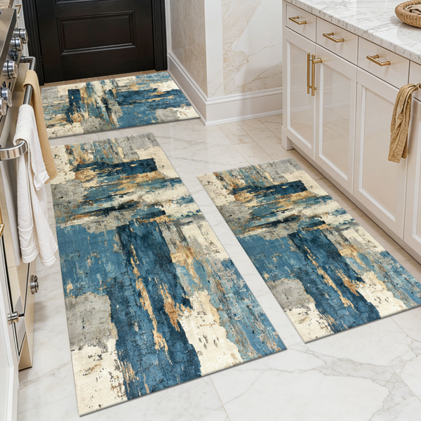 5c438b13-aed1-4731-8591-487065c2e07c.png Three-piece kitchen rug set, non-slip and washable, abstract pattern kitchen hallway rug, soft and comfortable, suitable for sinks, floors, entrances, hallways and bathrooms. - Image 1