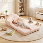 2-in-1 Flip Open Kids Sofa Lounger, Teddy Fleece Toddler Couch with Carry Handle for Ages 3+ (Beige) - Image 2