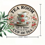 CIFbuy Cozy Ambiance Vintage Metal Sign 8 Inch Round Rustic Iron Plaque, Floral Teacup Life Is Better With A Cup Of Tea Design Wall TikTok, TikTok, l Self-pickup Logiopics - Image 2