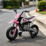 Pink 12V Kids Electric Ride On Motorcycle: with Twist Grip Throttle, Training Wheels, Rear Suspension & Music for Toddlers - Image 4