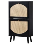 2-Drawer Tall Arched Rattan-Finished Shoe Cabinet Particleboard + Plastic Rattan 21.26*9.45*38.58in Black Frame + Natural Wood-Colored Rattan Top + Black High Legs - Image 4