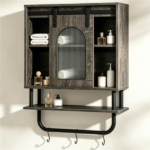 Farmhouse Industrial Wall Mounted Bathroom Cabinet with Sliding Fluted Door, 3‑Tier Storage Organizer with Towel Hooks, for Bathroom Kitchen Laundry Room - Image 2