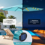 10 ft Patio Umbrella for Table, Outdoor Sun Umbrella with 32 LED Solar Lights, Lake Blue - Image 6