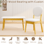 1 Table 2 Chairs 1 Bench Dining Set, Rubber Wood Frame with Beige Upholstered Seats, Natural Wood Finish Rectangular Kitchen Dining Furniture - Image 3