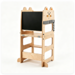 3-in-1 Convertible Toddler Learning Tower Step Stool with Chalkboard, Poplar Wood Flip Design Weaning Table Stool Set Anti-Tip Safety Guardrail 110 LBS Load for Kids 18+ Months Cat Pattern - Image 11