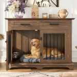 44.48" Large Dog Crate Furniture, Indoor Wooden Dog Kennel End Table with 2 Storage Drawers and Rotating Bowls, Decorative Pet Cage Dog House for Medium Dogs,Brown - Image 6