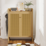 42.5" Tall Rattan Shoe Cabinet with Doors, 6-Tier Wooden Freestanding Shoe Storage Organizer with Adjustable Shelves, Mid-Century Entryway Shoe Cabinet for Hallway & Living Room - Image 11