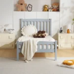 Twin Single-Layer Wooden Bed Vertical Decorative Strips Curved Headboard and Footboard Bed Frame Painted Pine Bed Frame 79.33*42.52*38.98in Grey - Image 7