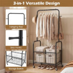 3-in-1 Rolling Clothes Rack with Storage Basket & Hooks, Metal Garment Rack for Laundry Bedroom - Black - Image 7