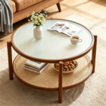 Walnut Boho 2‑Tier Round Coffee Table, PE Rattan Accent Side Table with Tempered Glass Top, Solid Acacia Wood Center Table with Storage Shelf for Living Room Apartment Balcony - Image 2