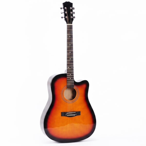 Sunset color 41-inch Dreadnought barrel-shaped cutaway acoustic guitar with pick, strings, capo, gig bag, tuner, wrench tool, and shoulder strap