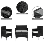 2pcs Arm Chairs 1pc Love Seat & Tempered Glass Coffee Table Rattan Sofa Set Black - Image 35