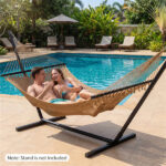 2-Person Polyester Caribbean Hammock with Hardwood Spreader Bars, 600lbs Weight Capacity Double Hammock for Patio Garden-Khaki - Image 5
